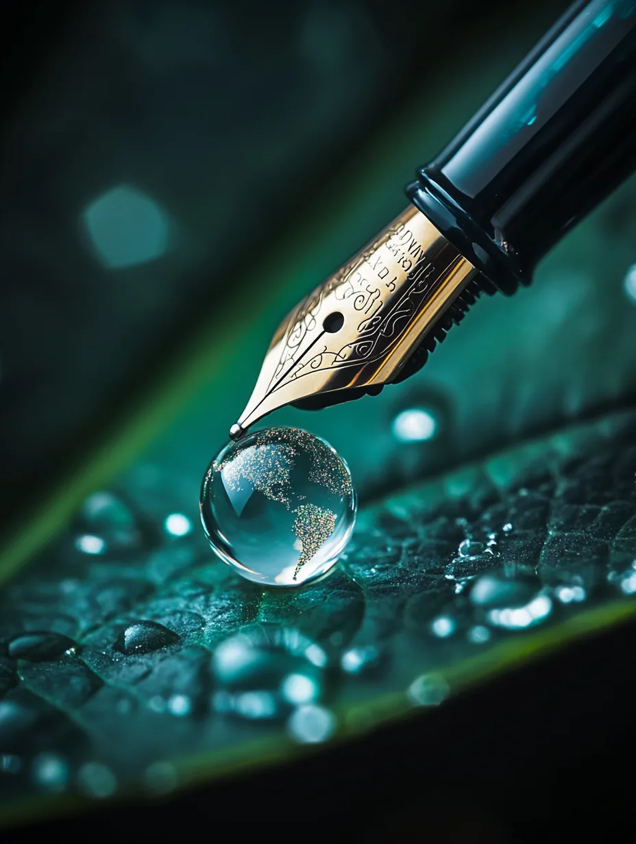 Pennino stilografico dorato che tocca una goccia d'acqua contenente un planisfero, su foglia verde